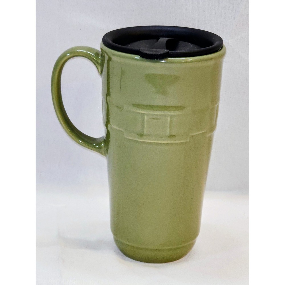 LONGABERGER POTTERY Woven Traditions Tall Sage Green Travel Coffee Mug With Lid - Picture 2 of 8